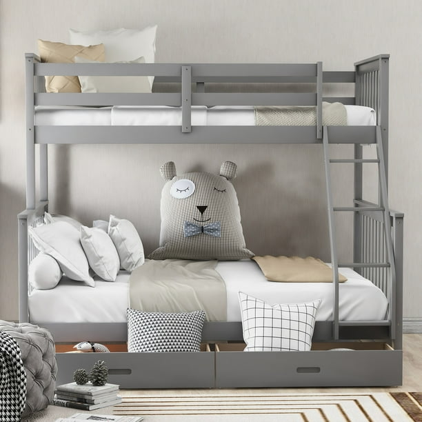 Twin Over Full Loft Bed for Kids Gray Solid Wood Bed Frame with Ladder Safety Rails and Cabinet Can Be Devided Into 2 Beds